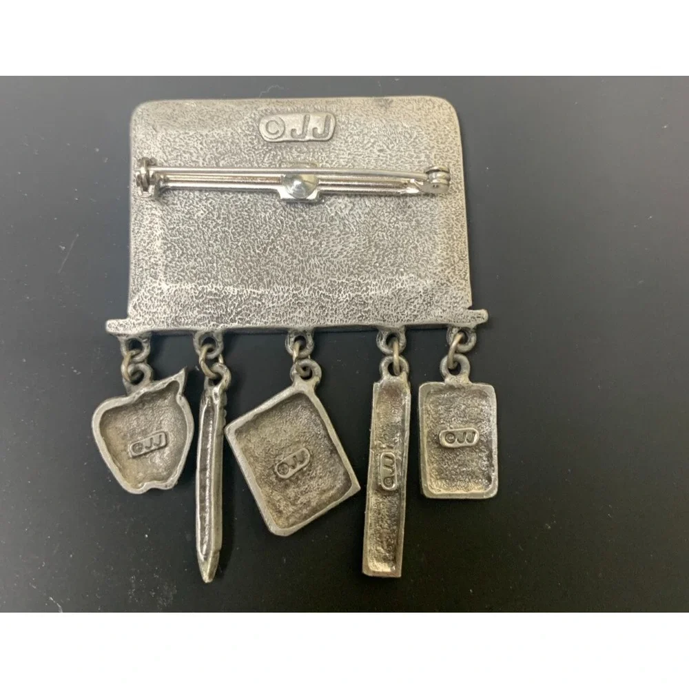Vintage JJ Signed Silver Chalkboard Brooch Pin School Math Teacher Charms Pewter